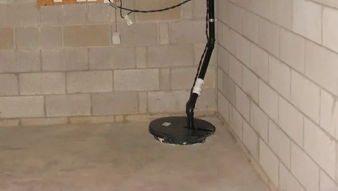 A sealed black sump pit cover set into the concrete floor in the corner of an unfinished basement, with its discharge pipe running up the cinder-block wall