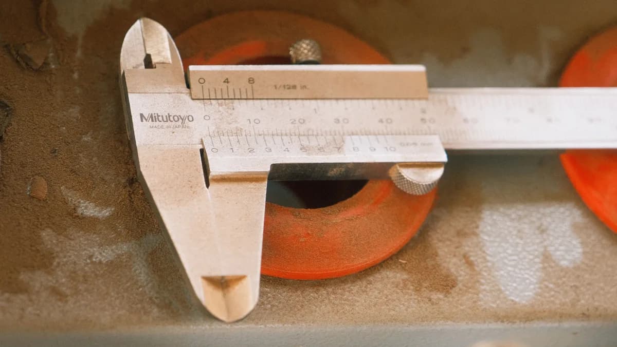 A precision vernier caliper resting on a bare metal surface